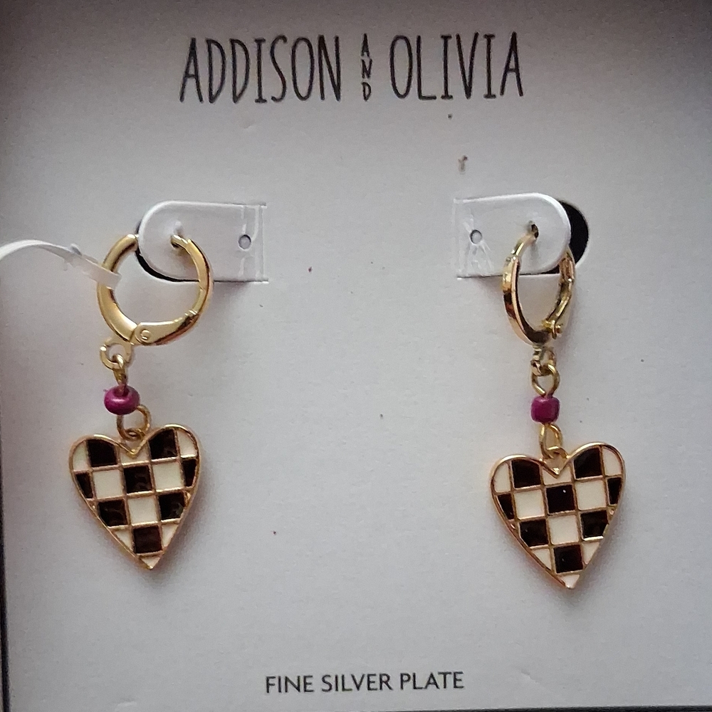Gold Checkerboard Heart Drop Earrings - Pink Accent